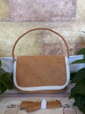 NEW Expressions NYC Vegan Faux Fur & Faux Suede Tan Quilted Crossbody Handbag